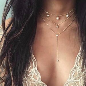Boho Multi-Layer Gold Star & Teardrop Lariat Necklace Festival Jewelry